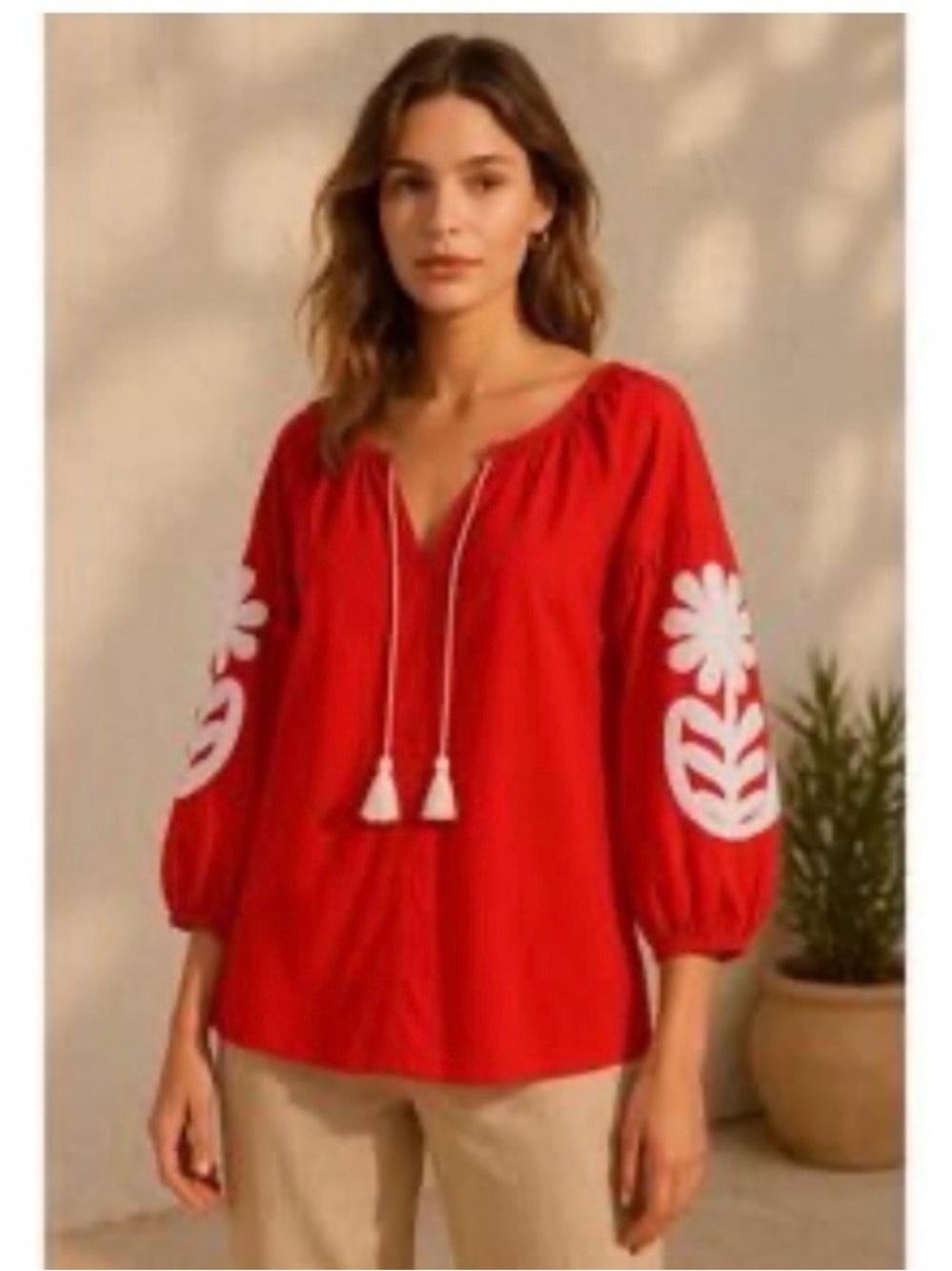 J.Crew Factory Red Peasant Tassel Embroidered Top